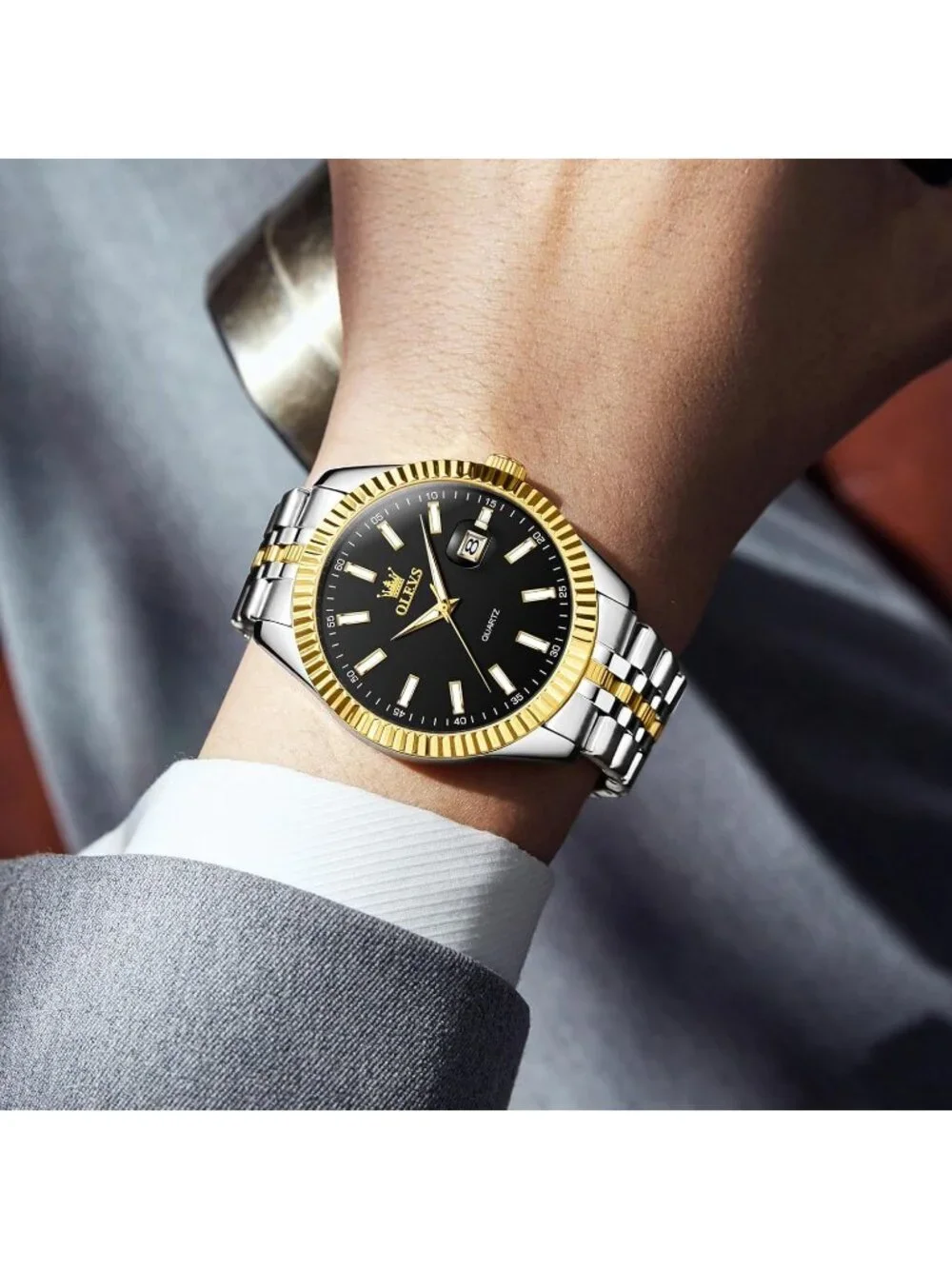 Olevs Men's Silver Gold Luxury Stainless Black Face Analog Quartz Luminous Watch